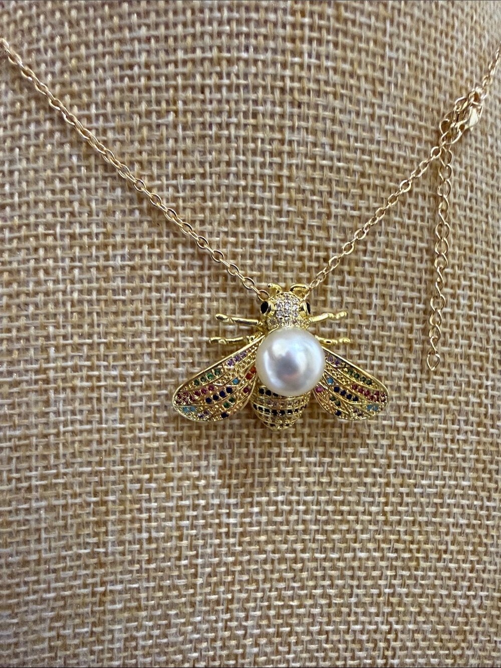 Gold Bee Pendant Women’s Necklace with Multicolor Accents 19-20”